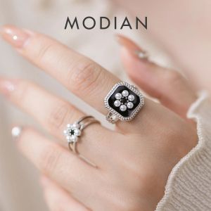 Rings MODIAN 925 Sterling Silver Luxury Black Enamel Flowers Square Adjustable Size 68 Finger Rings Elegant Fine Jewelry For Women