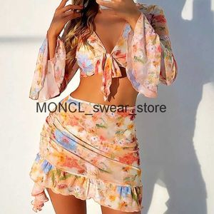 Women's Swimwear 2024 Three Pieces Bikini Set Cover Up Women Swimsuit Print Long Sleeve Push Bathing Suit Beachwear Swimming BiquiniH24221