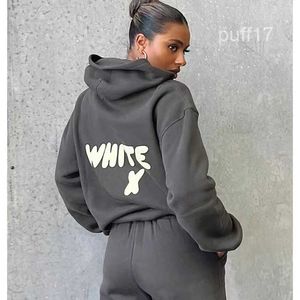 Sweatshirts WF-Women Womens Hoodies Letter Print 2 Piece Outfits Fox Cowl Neck Lång svart vit ärm Sweatshirt och byxor Set Tracksuit M5PZ 1V1R