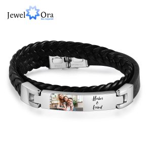 Armband Anpassa män foto läder armband med släktnamn Anpassat rostfritt staplbara Bangle smycken gåva till pappa pappa son