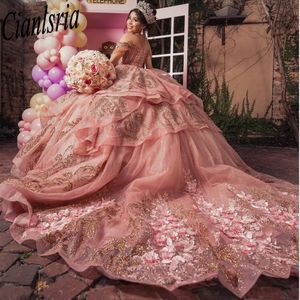 Pink Sweetheart Shiny Quinceanera Dresses 2024 Ball Gown Crystal Vestidos de 15 Anos Flowers Beaded Evening Party Dress