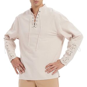 Adulto masculino medieval renascentista noivos pirata túnica topo larp traje rendas até camisa meia idade viking cosplay topo 240219