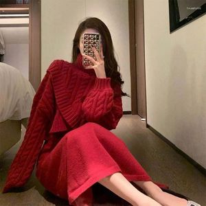 Work Dresses 2024 Spring Autumn Women's Year's Robe High-quality Small Fragrance Red High-neck Slim Sweater Knitted Dress Two-piece Suit