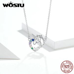 Ожерелья WOSTU, настоящее серебро 925 пробы, единорог любви, ожерелья с цирконом, кулон, длинное звено цепи для женщин, свадебные модные украшения, FIN348