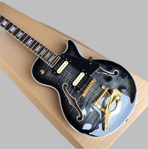 Little Rock Double F-Hole Custom Jazz Electric Guitar Gold Acsossessy Pickup Zebra Rose Wood Fignbord 258
