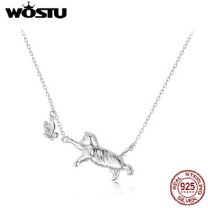 Colares WOSTU Original 925 Sterling Silver Brincalhão Gato Borboleta Colar Pet Pingente Gota Estrelas para Mulheres Presente de Festa Diária Jóias Finas