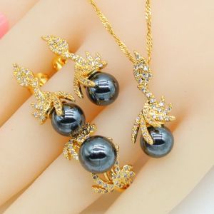 Badminton 2021 New Black White Pearl Gold Color Jewelry Set for Women Wedding Earrings Necklace Pendant Rings Gift Box