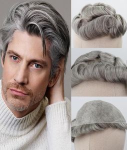 Brunt blandat grått mänskligt hår Toupee för män 5 80 Grå Remy Hair Ersättningssystem lockigt hud Men039S TOUPEE9229718
