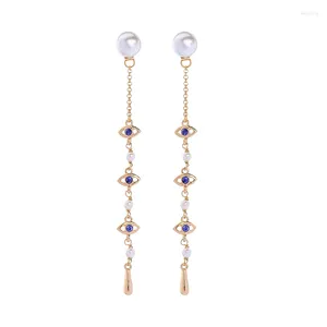 Dangle Earrings Blue Crystal Eye Tassel Drop Imitation Pearl Bead Long Fashion long Fashion simple Designs for women earing Jewelryアクセサリー