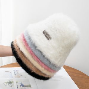Koreańszy styl ins metalowa etykieta królicza futra kubełka kobiet jesień i zima dzika zwykła twarz zakrywającą wiadro kapelusz ciepły plusz
