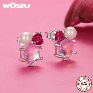 Örhängen Wostu 925 Sterling Silver Pink Sparkling Pearl Ear Studs med Rosy Dreamy Glass för söta flickor Lady Women Shiny örhängen
