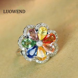 Rings LUOWEND 18K White Gold Ring Natural Color Sapphire Rings Sweet Candy Lucky Design Gemstone Jewelry For Women