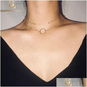 Colares de pingente 2 Pçs / set Corrente de Ouro Círculo Pingente Gargantilhas Colares Para Mulheres Simples Cobre Frisado Colar Curto Moda Jóias D Dh38J