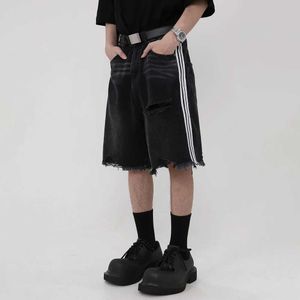 Herren-Shorts, seitlich gestreift, zerrissene Denim-Shorts, trendige Mode, Quaste, schwarze Jeans, Herren, Sommer, lässige Straßenkleidung, Unisex, Hip-Hop, Y2K-Shorts J240221