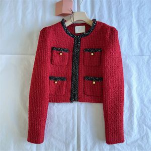 Contrast Color Women Jacket Cropped Elegant Luxury Designer Jackets Red Long Sleeeve Spring Coat