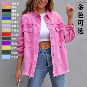 Jaquetas 2023 moda denim jaqueta feminina de manga comprida casual lapela jaqueta fazendo buracos quebrados borlas rosa roxo preto demin jaqueta