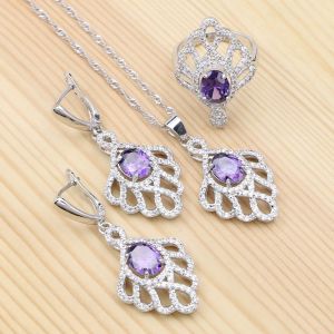 Uppsättningar 925 Silver smycken lila kubik zirkonia brud smyckesuppsättningar för kvinnors annonserande örhängen/hänge/halsband/ring