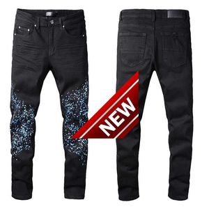 818 Personlig modegata Cowboy Casual Pants Micro Cotton Youth Svart Splash Paint Tight Jeans