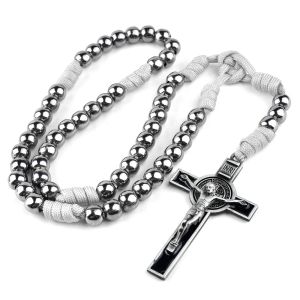 Colares Religiosos Paracord Rosários 10mm Contas de Ferro Antigo Bronze Arma Preto Católico Saint Benedict Homens Rosário