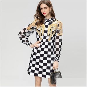 Abiti da passerella Donna Colletto rovesciato Maniche lunghe Stampato Plaid Moda High Street Designer Abiti Consegna drop Abbigliamento Abbigliamento Otqhm