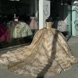 Роскошные платья Quinceanera цвета шампанского 2024, кружевное бальное платье с аппликацией и кристаллами, Vestidos De Quinceanera, милое, милое
