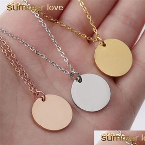 Pendant Necklaces New Stainless Steel Round Coin Pendant Necklaces Women Gold Sier Minimalist Jewelry Clavicle Chain Dog Tag Collares Dhswg