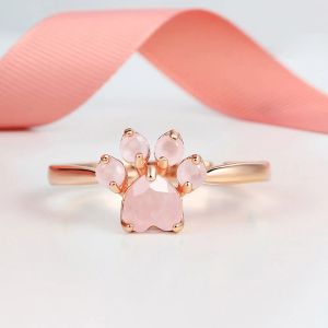 Pierścienie Lamoon Sterling Silver 925 Pierścienie biżuterii dla kobiet Pink Paw Rose Rose Quartz Pierścień Rose Gold / Białe złoto biżuteria