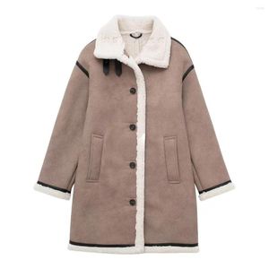 Kvinnorjackor 2024 Vintage Stand Collar Mid-Length Fleece Sparcing Double-Sided Breasted Coat