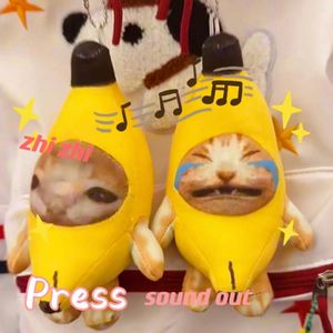 키 체인 재미있는 바나나 고양이 체인 플러시 펜던트 귀여운 울음 울음 열 키 체인 자동차 가방 키 링 액세서리 선물 급우에게 선물