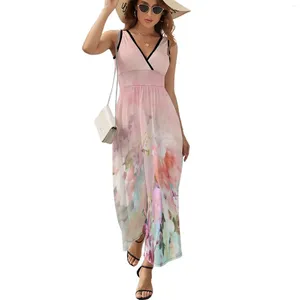 Casual Dresses Pastel Blush Watercolor Floral Sleeveless Dress Woman Elegant Gown Party Women Luxury