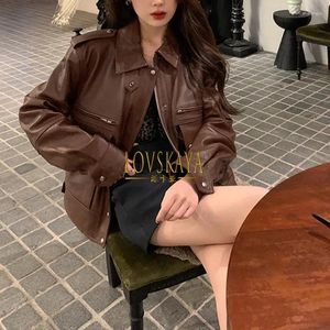 Women's Leather Autumn And Winter Khaki Top Mouth Sheepskin Robe Motorcycle Coat For Women