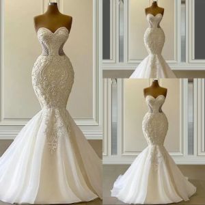 2024 Sexy Vestido De Novia Meerjungfrau Brautkleider Formelle Brautkleider Schatz Stickerei Spitze Applikationen Kristall Perlen Luxus Illusion Sweep Zug Plus Size