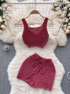 Frauen Zweiteilige Hosen Aonibeier Frühling Chic Gestrickte Frauen Anzüge Traf Metall Knöpfe Ärmellose Pullover Weste Neckholder Crop Top Weibliche Shorts 2 Stück Set 230818