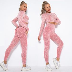 Lavado Die Dye Sem Costura Mulheres Yoga Roupas Conjunto de Ginásio Conjunto de Treino de Yoga Top Colheita Roupas de Fitness Push Up Leggings Desgaste Do Esporte Mulheres Ternos Treino