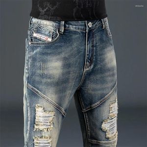 Herren Jeans Männer gestapelt Slim Fit zerrissen bestickt High Street Vintage Distressed Denim Hosen Patchwork Y2K Punk Strickhose