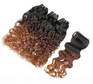 Water Wave 1B 4 30 Auburn Ombre Brazilian Virgin Human Hair 3Bundles with Closure Wet Wavy 3Tone Ombre Weaves with 4x4 Lace Closu7505897