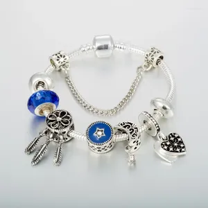 Charme Pulseiras Estrela Lua Dream Catcher Pulseira Femme Royal Azul Murano Vidro Europeu Grânulos Mulheres Jóias Presente