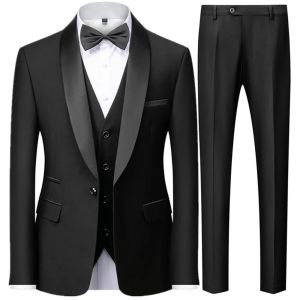 Suits Men Mariage Color Block Collar Suits Jacket Trousers Waistcoat Male Business Casual Wedding Blazers Coat Vest Pants 3 Pieces Set