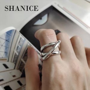 Pierścienie Shanice Korean 925 Pierścień srebrnego przemysłu ciężkiego geometryczne linie wielowarstwowe splot bijoux femme punkowy pierścień akcesoria