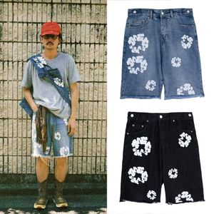 Shorts masculinos de grife com estampa de guirlanda, retrô, hip hop, verão, casual, micro estiramento, shorts jeans retos