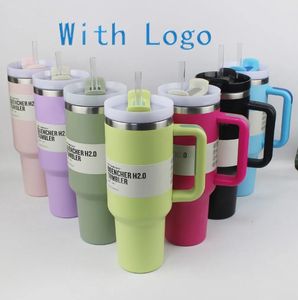 Copo de caneca de 40 onças com alça e tampas de copos isolados de palha Copo de termos de café de aço inoxidável de 40 onças pronto para enviar garrafas de água isoladas a vácuo