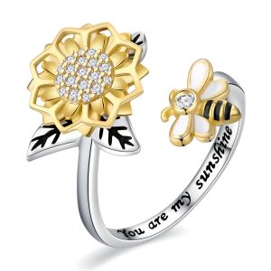 Rings 925 Sterling Silver Adjustable Spinner Fidget Anxiety Sunflower Bumble Bee Ring Honeybee Jewelry Birthday Gifts for Women Girls