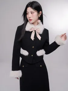 Tvådelt klänning Rich Lady Chic Slimming Set Women Autumn Winter Fashionable Elegant Fur Collar Top Half kjol Tvådelar Kontorflicka