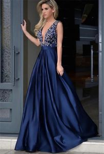 Abendkleid, Party, Abendkleid, formell, A-Linie, V-Ausschnitt, ärmellos, KEINE Schleppe, Kristallapplikation, dunkelmarineblau, Satin, individueller Reißverschluss, Schnürung, Übergröße, Neu