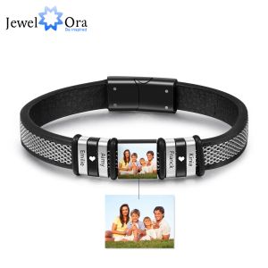 Bracelets Personalize Men Photo Bracelets with Beads Family 14 Kids Child Names Charm Bangle Black Jewelry Gift for Father Dad Grandpa