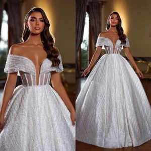 Simple A Line Women Wedding Dress Sweetheart Off Shoulder Backless Bridal Gowns Sequins Sweep Train Dress Custom Made vestidos de novia