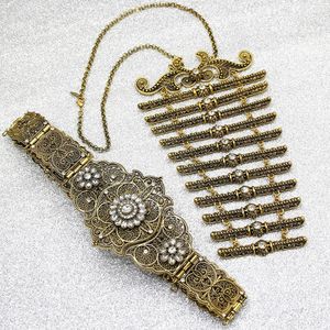 Sunspicems Caucasus Women Belt Breastplate Bride Jewelry Sets Ethnic Wedding Dress Belt Necklace Turkish Chest Bibs Waist Chain 240221