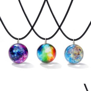 Pendant Necklaces New Handmade Luminous Glass Ball Couple Necklace For Womem Men Galaxy Pattern Cosmic Fantasy Globe Leather Dhgarden Dhu5T