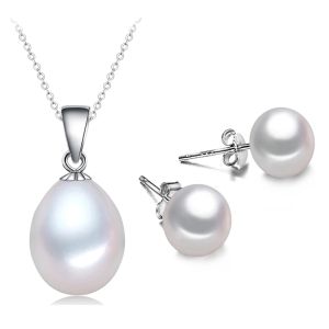 Sets Hochzeit Natürliche Perle Schmuck Set Süßwasser Perle Halskette Ohrringe Set 925 Sterling Silber Für Frauen Mädchen Geschenk