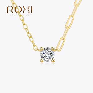 Hängen Roxi PaperClip Versatile Chain Halsband 925 Sterling Silver Gold Luxury Single Fourclaw Diamond Jewelry ClaVicle Necklace